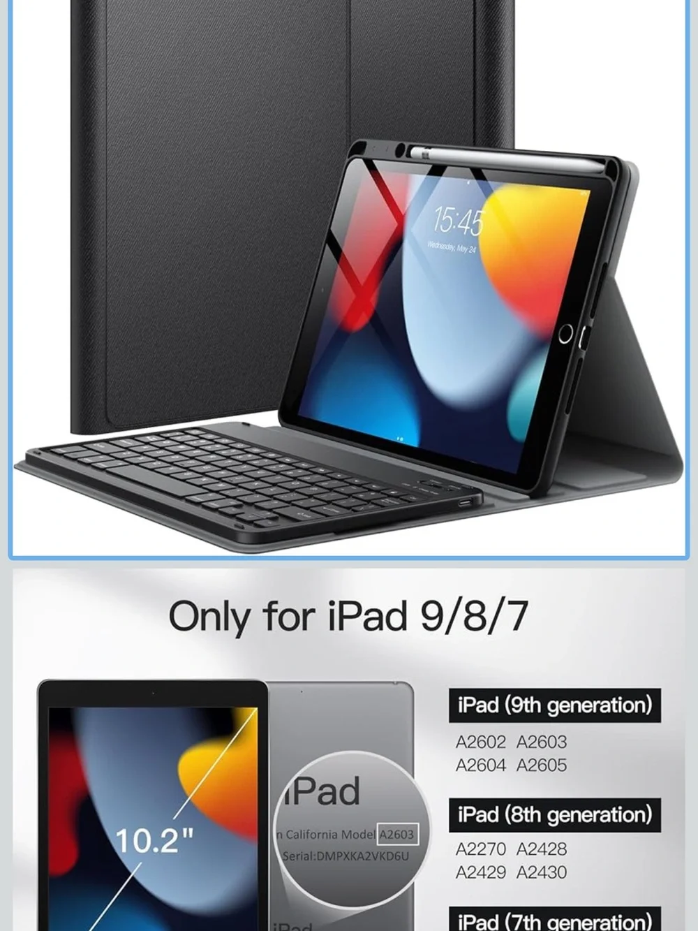 Apple Black Bluetooth Keyboard Case for iPad 9/8/7 - Detachable Folio